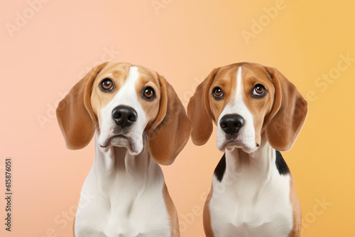 Pair of Beagle dogs on orange and yellow background