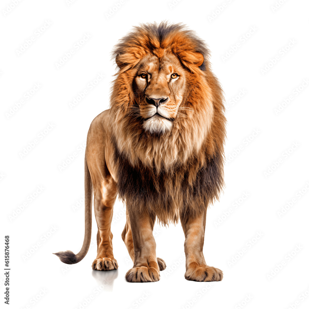 Portrait of a lion standing isolated on white background	