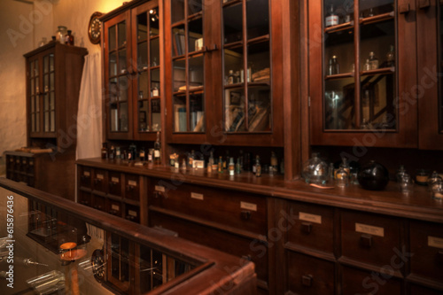 Vintage medications in old pharmacy, history concept background. Retro style.