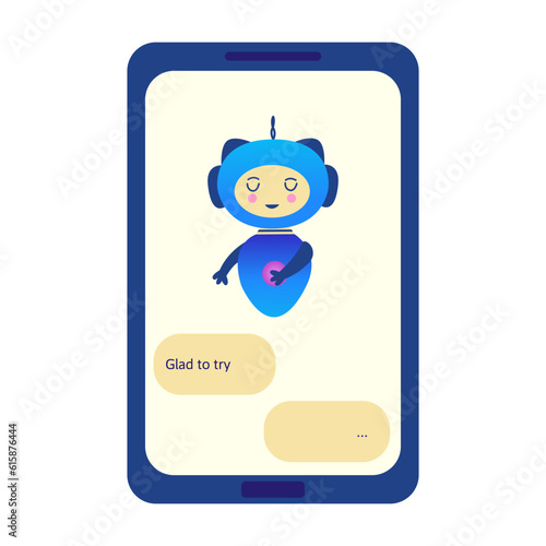 Chatbot on phone bows and says glad to try. Question answering virtual assistant, artificial intelligence. Smart assistant in mobile application. Colorful vector isolated illustration flat