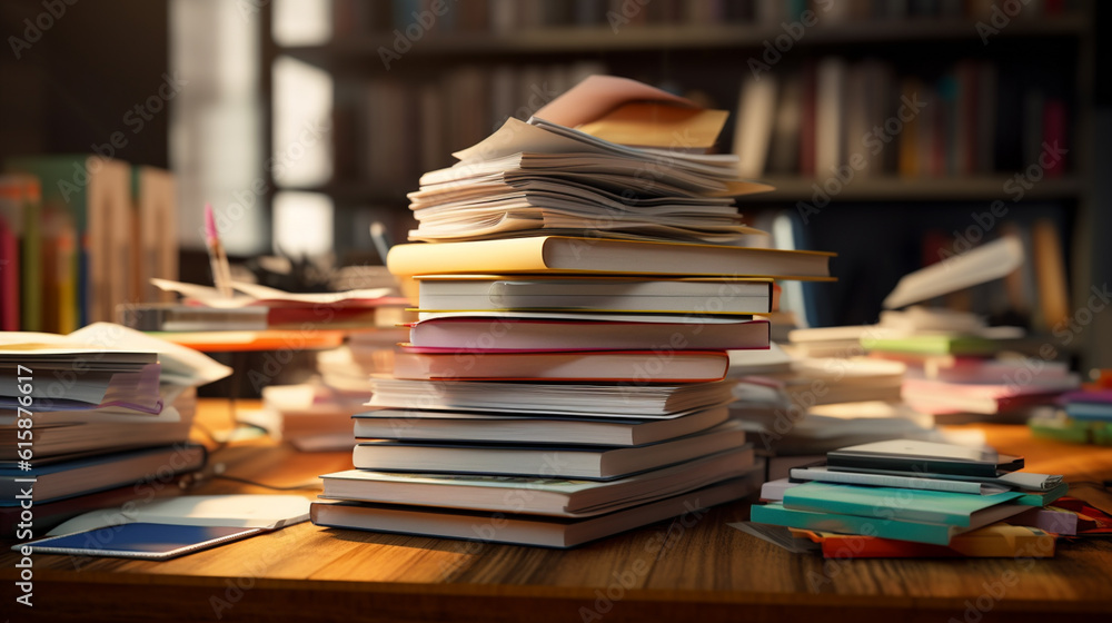 Piles of old books on a table in blur background Piles of old books on a table in blur background
