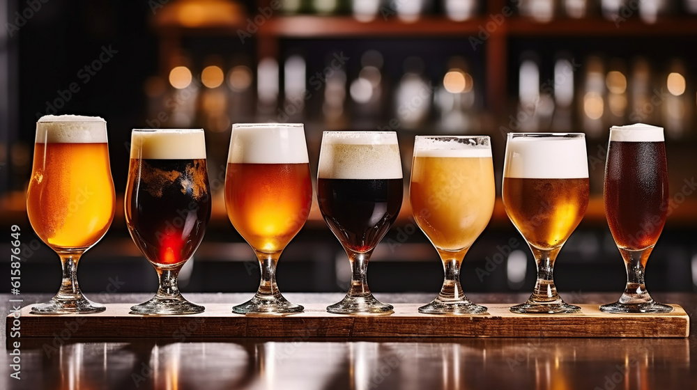 Beer in glasses on table in pub interior in daylight. Generative AI Beer in glasses on table in pub interior in daylight. Generative AI