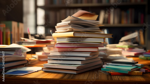 Piles of old books on a table in blur background © DLC Studio