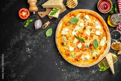 four cheese pizza on a light background, Restaurant menu, dieting, cookbook recipe top view