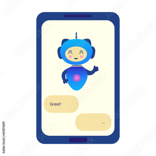 Chatbot on phone shows sign is great. Question answering virtual assistant, artificial intelligence. Smart assistant in mobile application. Colorful vector isolated illustration flat