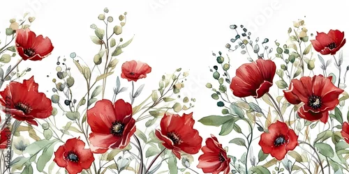 Obraz watercolor red and green flowers background Generative AI