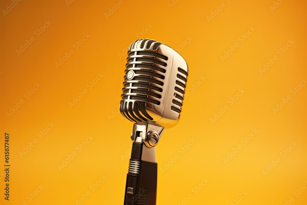 Fototapeta premium Vintage microphone on yellow background, Podcast Karaoke Background, Generative AI