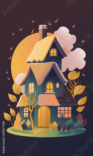 A house on a hill with a full moon in the background