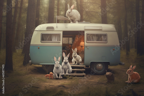rabbits family posing for a photo vintage camping with a camper