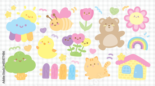 cute sweet pastel hand drawn kawaii happy smile face cartoon graphic element illustration vector set