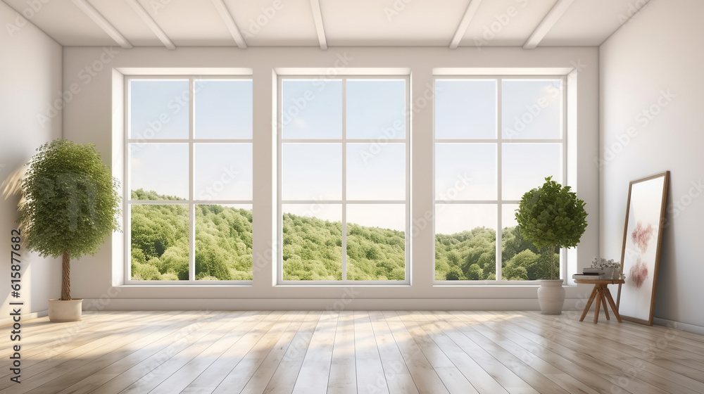 White empty room with summer landscape in window. 3D illustration. Generative AI White empty room with summer landscape in window. 3D illustration. Generative AI