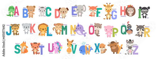 Fototapeta Naklejka Na Ścianę i Meble -  Animal alphabet poster for preschool children. Baby style kawaii animals and capital letters in alphabetical order. Cartoon animals clipart for abc learning. English language fun studying for kids.