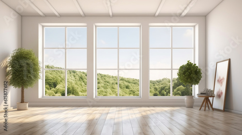 White empty room with summer landscape in window. 3D illustration. Generative AI