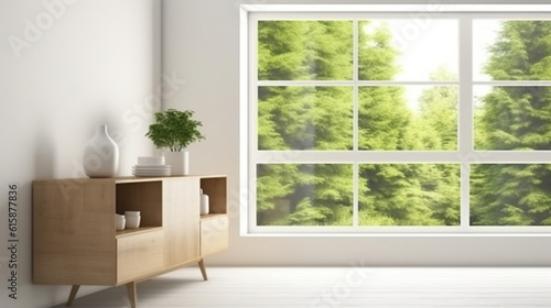 White room with shelf and green landscape in window. Generative AI