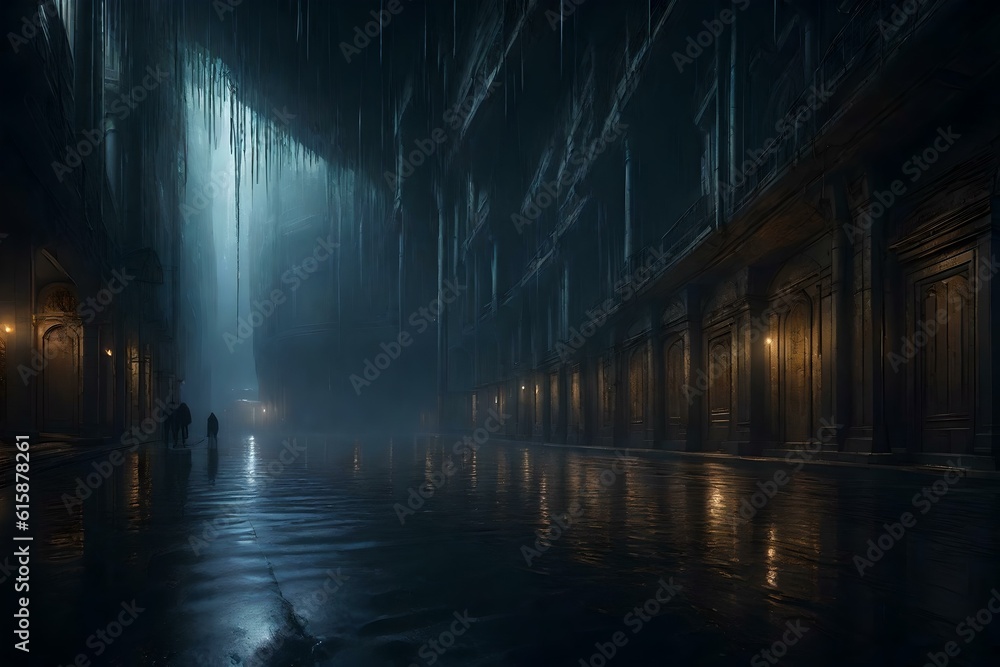A cold and melancholic city in a dark cavern, rainy and gloomy atmosphere / Ai Generated wallpaper/background