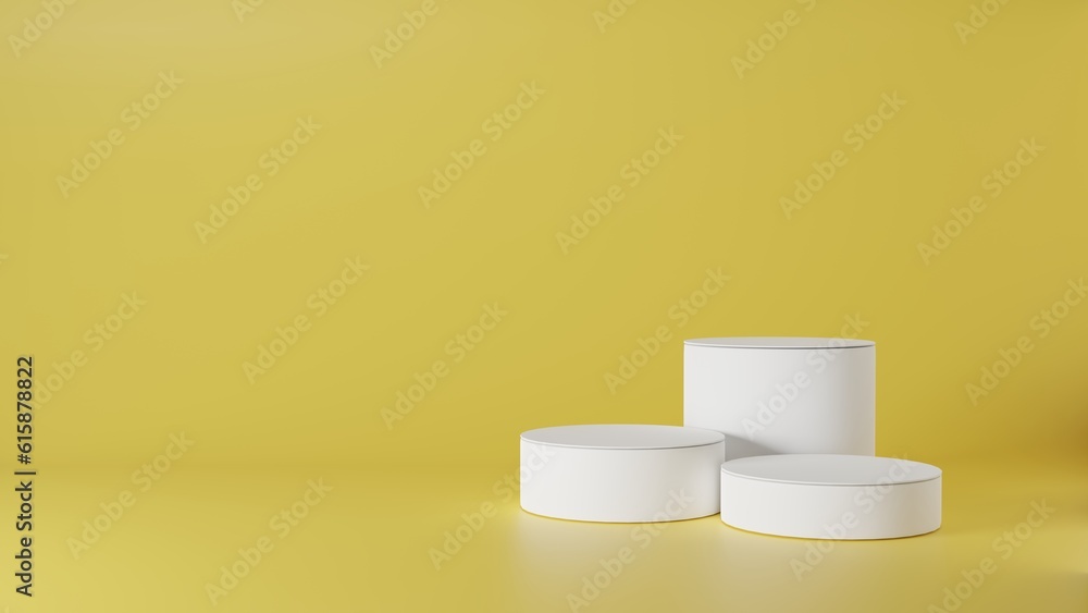 Empty podium or pedestal display on yellow background with cylinder stand concept. Blank product shelf standing backdrop. 3D rendering. Empty podium or pedestal display on yellow background with cylinder stand concept. Blank product shelf standing backdrop. 3D rendering.