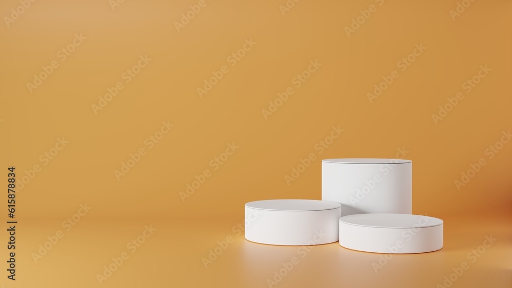 Empty podium or pedestal display on orange background with cylinder stand concept. Blank product shelf standing backdrop. 3D rendering. Empty podium or pedestal display on orange background with cylinder stand concept. Blank product shelf standing backdrop. 3D rendering.