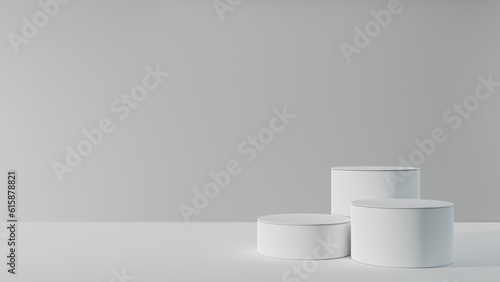 Empty podium or pedestal display on white background with cylinder stand concept. Blank product shelf standing backdrop. 3D rendering.