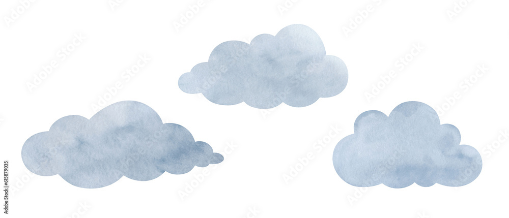 A set of gray, rainy, gloomy clouds isolated on a white background. Hand drawn in watercolor on paper. Element for design and decoration. Cloud, bubble for text, chat.