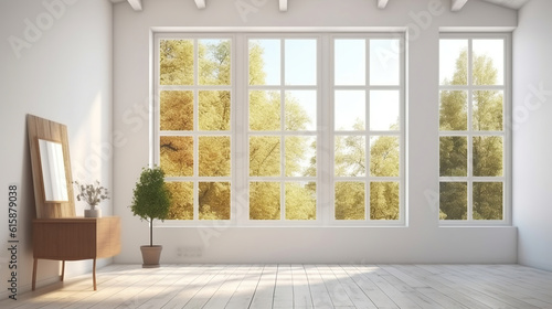 White empty room with summer landscape in window. 3D illustration. Generative AI
