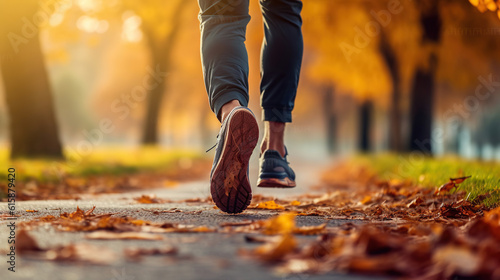 Close up  legs of Man running in park at autumn morning. Generative AI