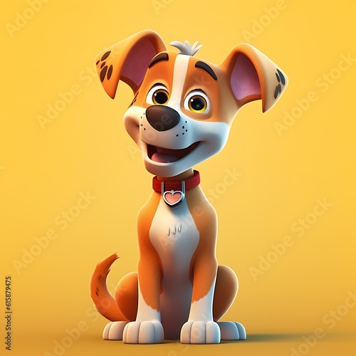 Cute cartoon dog with red collar sitting on yellow background ai generated