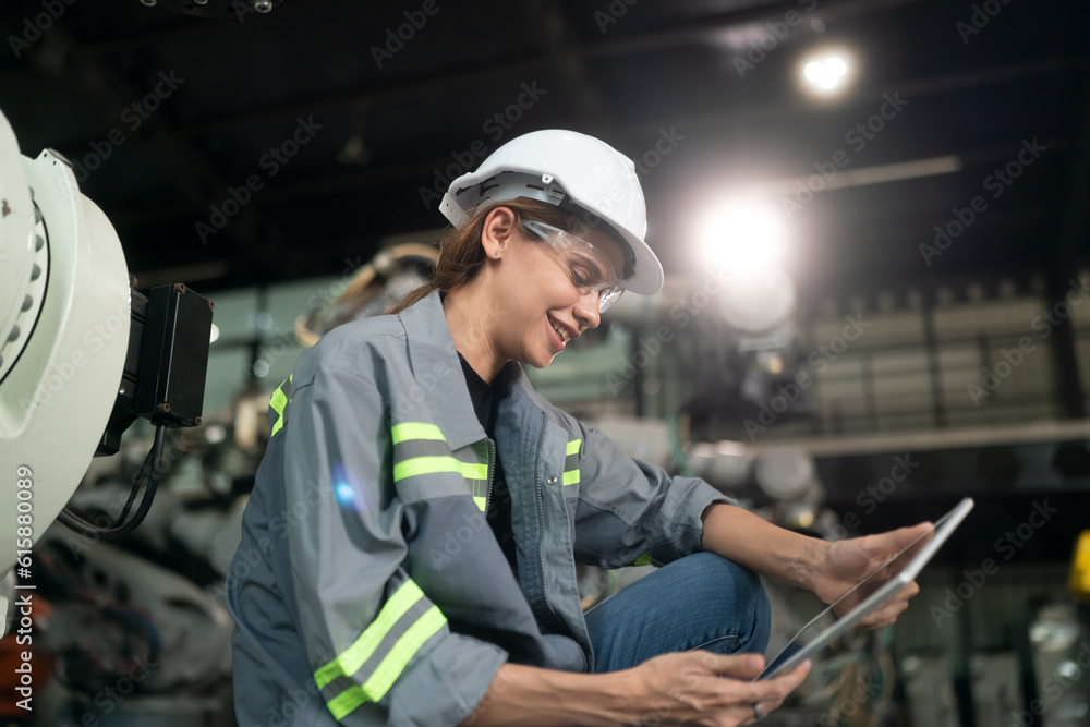 Obraz premium Technology Engineer Working in Factory. Holding check-list and supervising