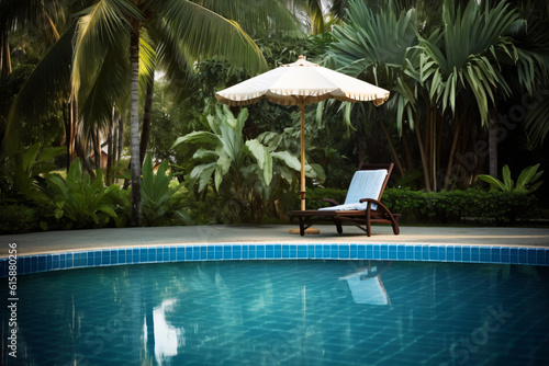 Chair pool and umbrella around swimming pool with coconut palm tree photography © yuniazizah