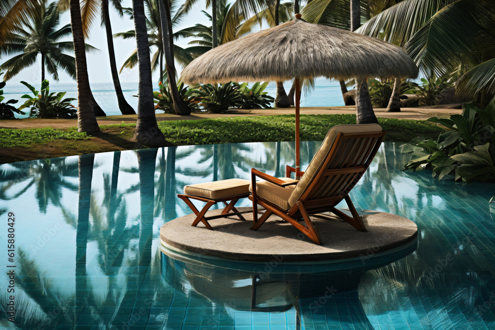 Chair pool and umbrella around swimming pool with coconut palm tree photography