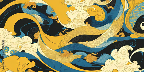 Background beautiful illustration with sea motif and storm waves in yellow,blue and black colors in Japanese graphic style with patterns. Generation ai