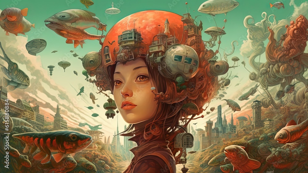 power of dream concept surreal art illustration, woman portrait with imagine crown on head, Generative Ai