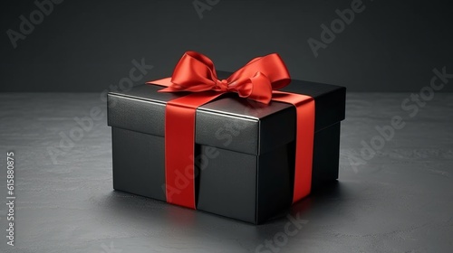 Black gift box wrapped with a red ribbon. Generative AI.