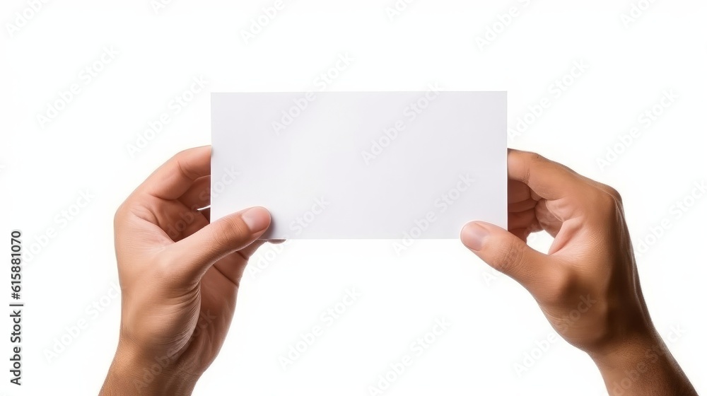 Hands holding blank paper isolated on white background. Generative AI. Hands holding blank paper isolated on white background. Generative AI.