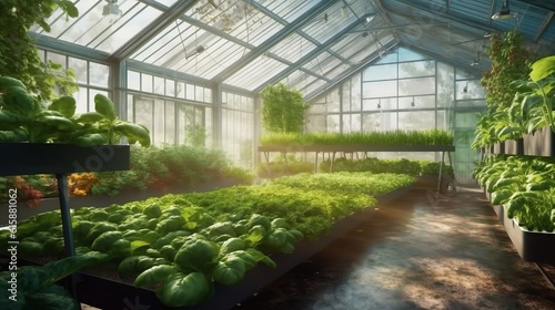 Greenhouse for growing vegetables with hydroponics. Generative AI.