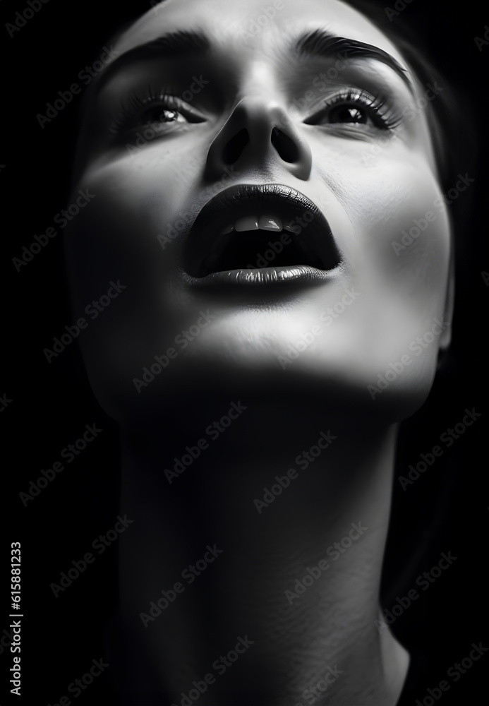 Fashion Concept. Closeup portrait of stunning beautiful woman girl in shock curious gasping. illuminated with light. sensual, mysterious, advertisement, magazine Fashion Concept. Closeup portrait of stunning beautiful woman girl in shock curious gasping. illuminated with light. sensual, mysterious, advertisement, magazine