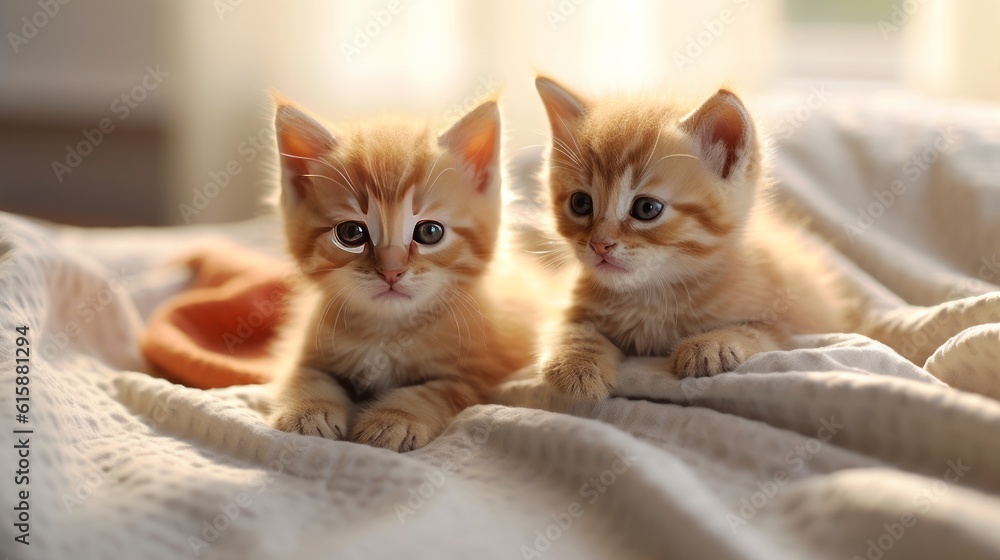 Cute kittens on a blanket on bed in morning. Generative AI. Cute kittens on a blanket on bed in morning. Generative AI.