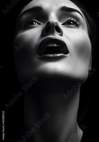 Fashion Concept. Closeup portrait of stunning beautiful woman girl in shock curious gasping. illuminated with light. sensual, mysterious, advertisement, magazine