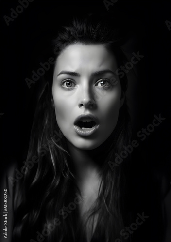Fashion Concept. Closeup portrait of stunning beautiful woman girl in shock curious gasping. illuminated with light. sensual, mysterious, advertisement, magazine