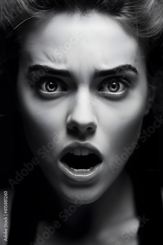 Fashion Concept. Closeup portrait of stunning beautiful woman girl in shock curious gasping. illuminated with light. sensual, mysterious, advertisement, magazine © Sandra Chia