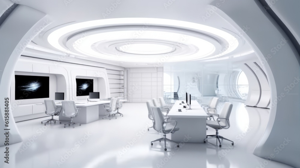 Futuristic white corporate office. Generative AI. Futuristic white corporate office. Generative AI.
