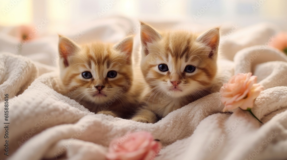 Cute kittens on a blanket on bed in morning. Generative AI.