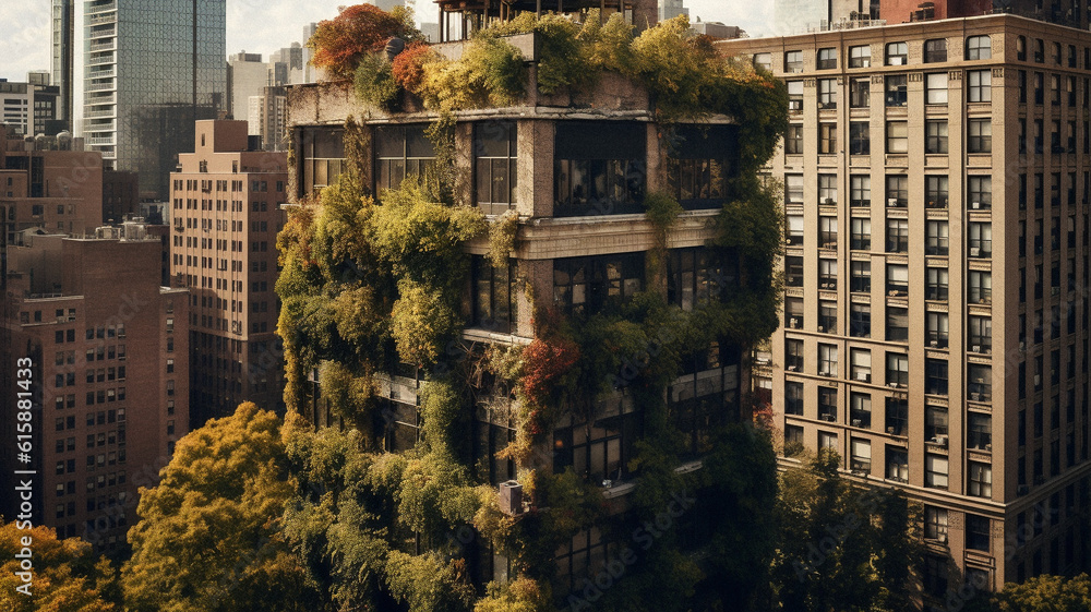 A skyscraper covered in jungle vegetation, created with AI Generative Technology
