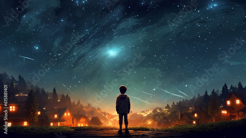 child looks at the night sky