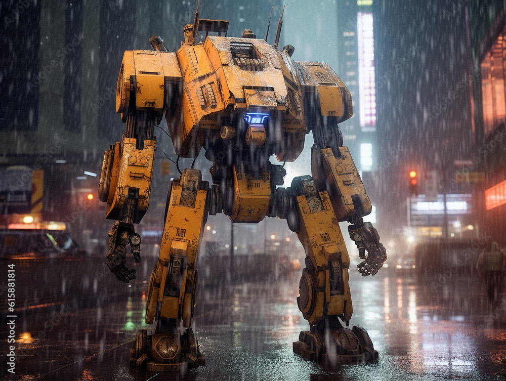 Giant mecha robot walking by the streets, created with AI Generative Technology Giant mecha robot walking by the streets, created with AI Generative Technology