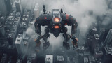 Giant mecha robot flying above the streets, created with AI Generative Technology