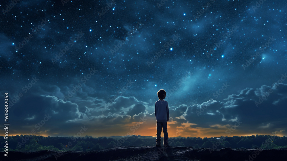 child looks at the night sky