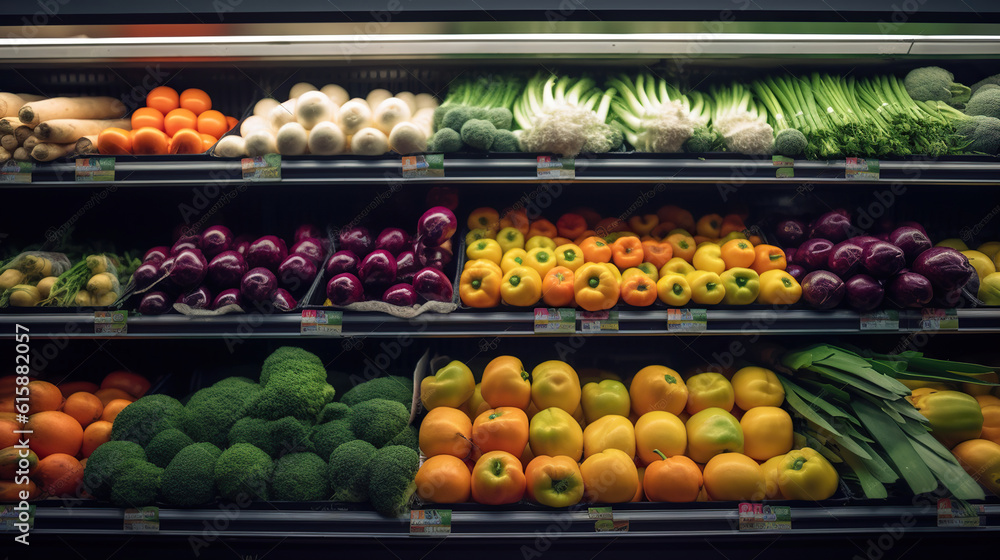 Fresh fruits and vegetables on the shelf in the supermarket. Generative AI
