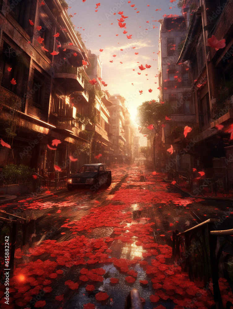 Desertic city invaded by the roses, created with AI Generative Technology