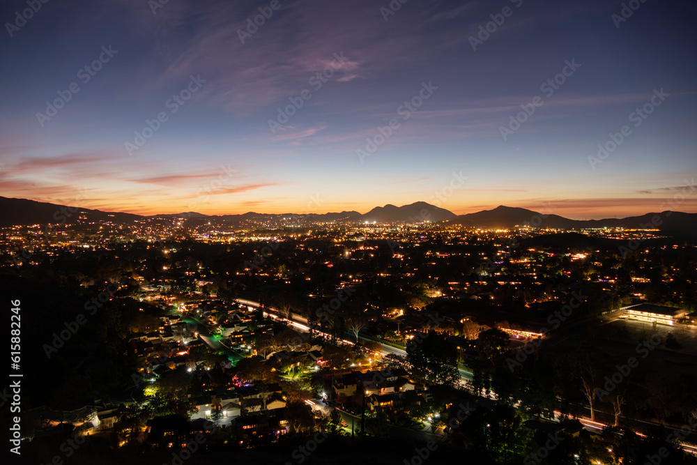 Twilight night view of suburban Thousand Oaks near Los Angeles, California.