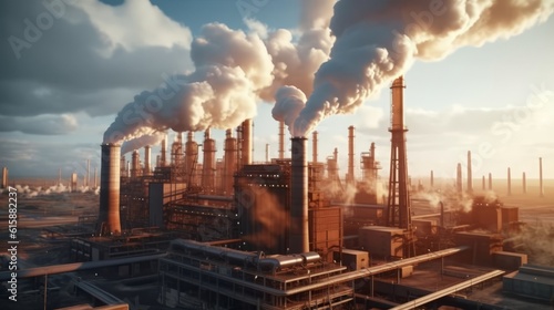 Industrial factory pollution smokestack exhaust gases. Generative AI.